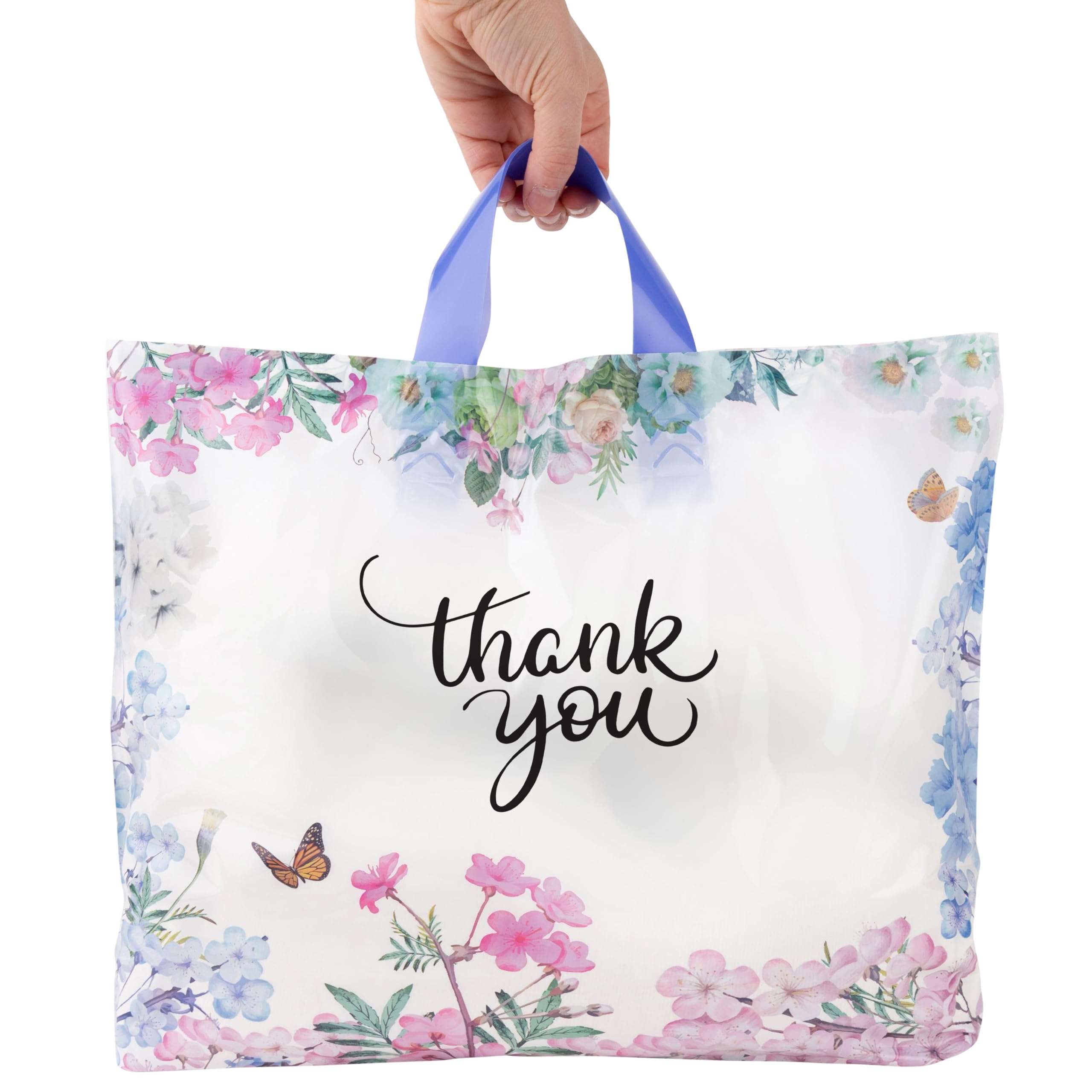 Purple Q Crafts Thank You Bags With Soft Loop Handle for Business Retail, Boutique Bulk 50 Pack 15" W x 12" H Floral Plastic Shopping Bags/Gift Bags Perfect For Mothers Day - Image 1