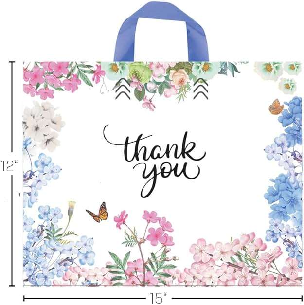 Purple Q Crafts Thank You Bags With Soft Loop Handle for Business Retail, Boutique Bulk 50 Pack 15" W x 12" H Floral Plastic Shopping Bags/Gift Bags Perfect For Mothers Day - Image 2