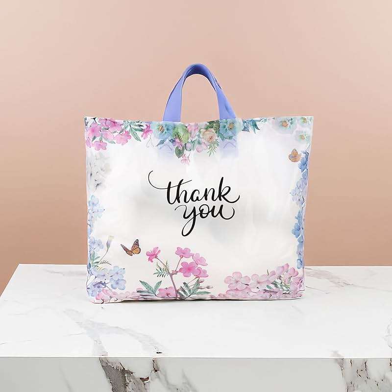 Purple Q Crafts Thank You Bags With Soft Loop Handle for Business Retail, Boutique Bulk 50 Pack 15" W x 12" H Floral Plastic Shopping Bags/Gift Bags Perfect For Mothers Day - Image 4