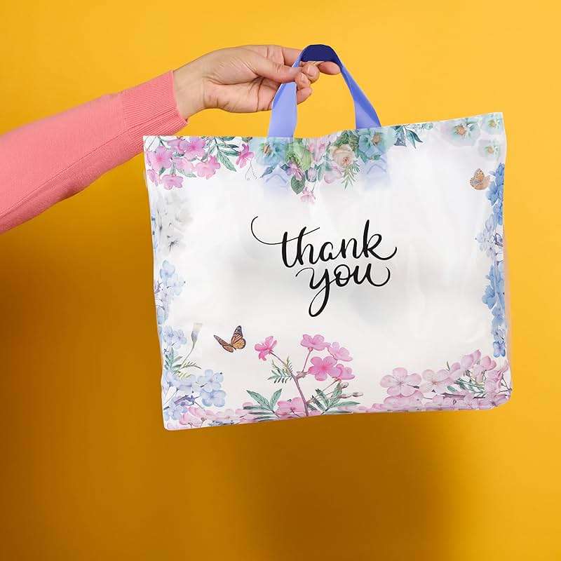 Purple Q Crafts Thank You Bags With Soft Loop Handle for Business Retail, Boutique Bulk 50 Pack 15" W x 12" H Floral Plastic Shopping Bags/Gift Bags Perfect For Mothers Day - Image 5