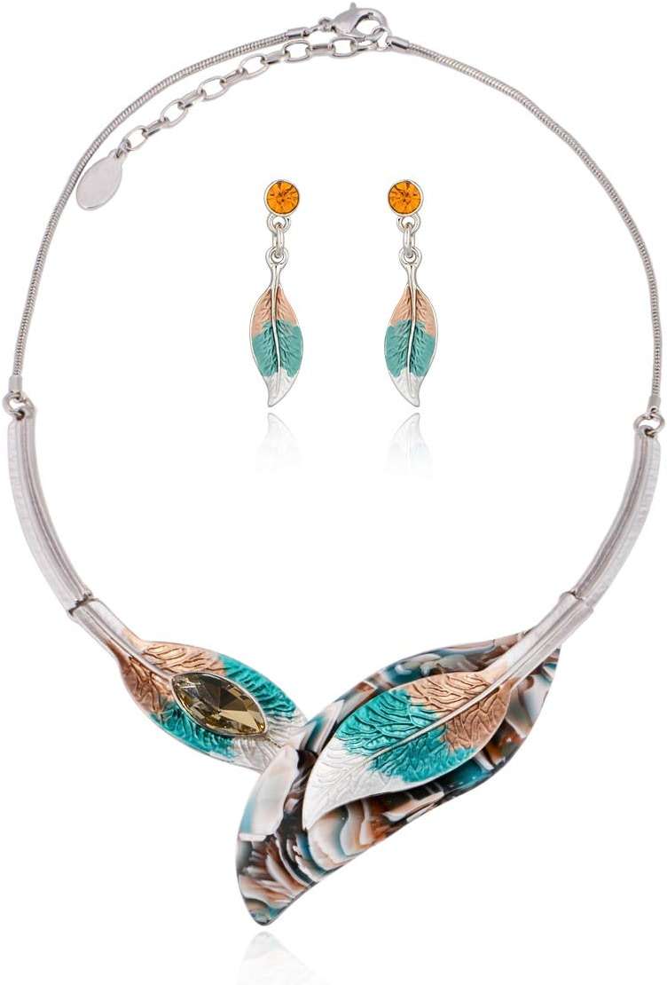AMYJANE Vintage Statement Jewelry Set - Spring Leaf Flower Floral Plant Necklace Earring Set Crystal Rhinestone Fashion Costume Jewelry for Women Prom Party Unique Gift - Image 1