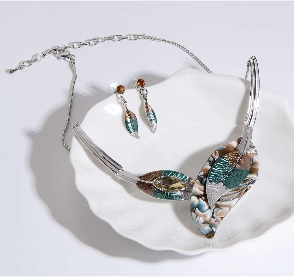 AMYJANE Vintage Statement Jewelry Set - Spring Leaf Flower Floral Plant Necklace Earring Set Crystal Rhinestone Fashion Costume Jewelry for Women Prom Party Unique Gift - Image 2