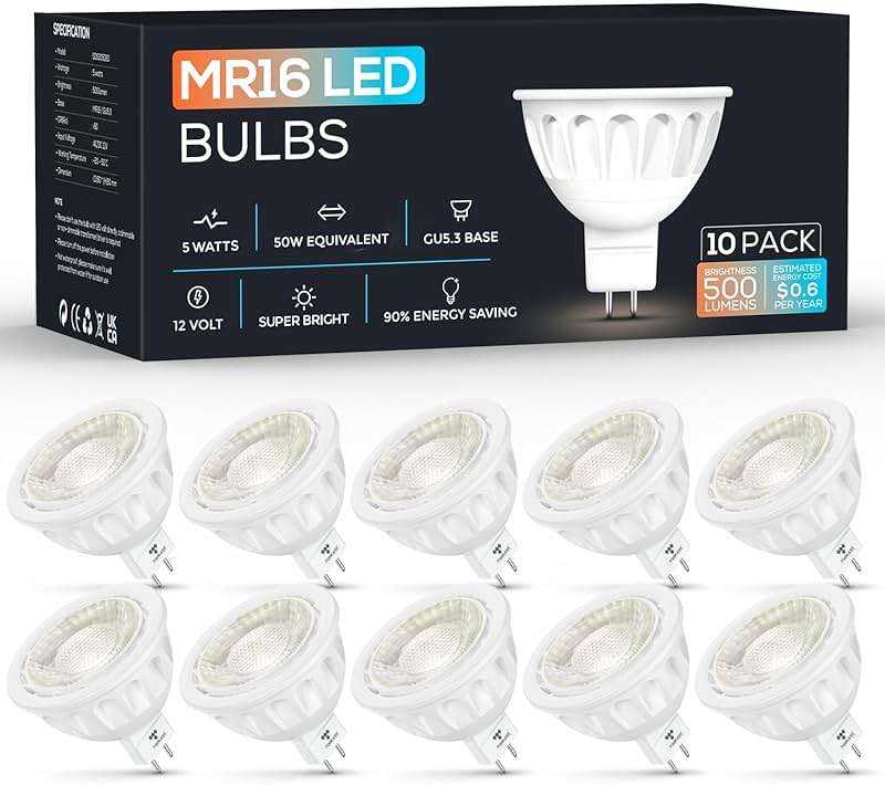 Torkase MR16 LED Bulb Dimmable,GU5.3 Bi-Pin Base MR16 LED Bulbs,5W(50W Equivalent),Outdoor Landscape 12V Low Voltage Light Bulbs,3000K Soft Warm White Recessed Tracking Spot Lights,UL Listed-10Pack - Image 1