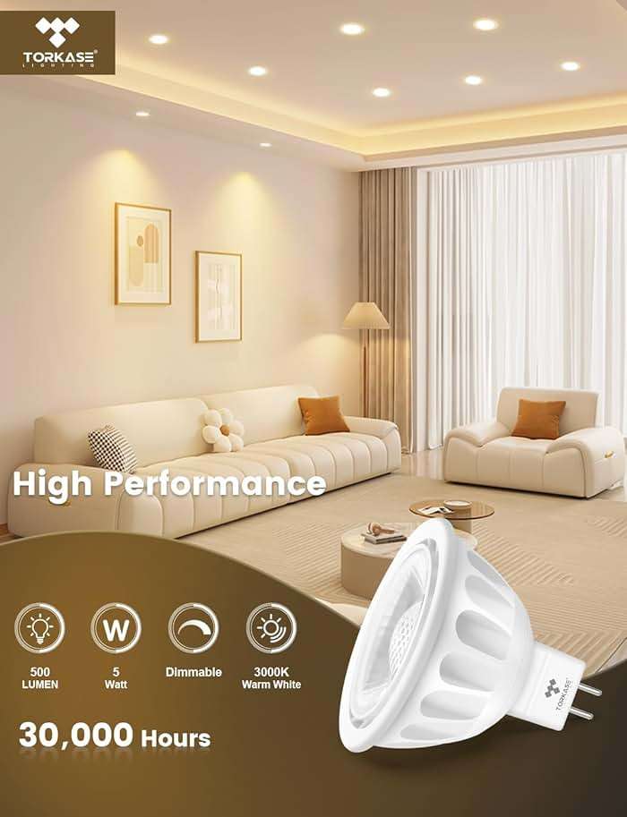 Torkase MR16 LED Bulb Dimmable,GU5.3 Bi-Pin Base MR16 LED Bulbs,5W(50W Equivalent),Outdoor Landscape 12V Low Voltage Light Bulbs,3000K Soft Warm White Recessed Tracking Spot Lights,UL Listed-10Pack - Image 2