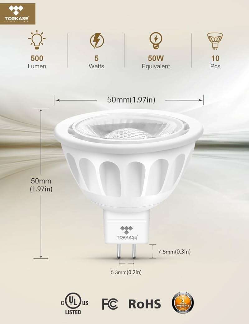Torkase MR16 LED Bulb Dimmable,GU5.3 Bi-Pin Base MR16 LED Bulbs,5W(50W Equivalent),Outdoor Landscape 12V Low Voltage Light Bulbs,3000K Soft Warm White Recessed Tracking Spot Lights,UL Listed-10Pack - Image 4