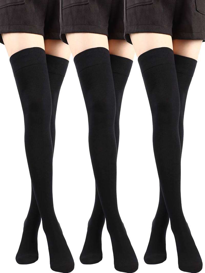 SATINIOR 3 Pairs Thigh High Socks Cotton Over Knee Socks Knit Long Boot Stocking, Black, Medium - Image 1
