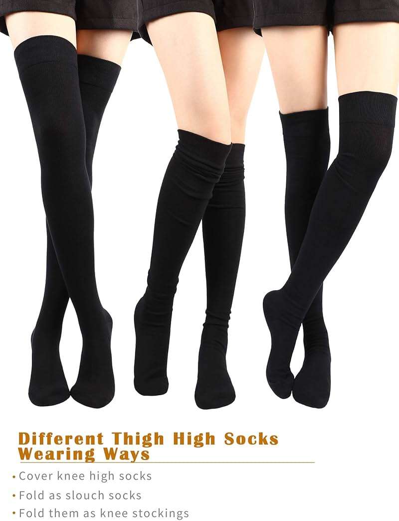 SATINIOR 3 Pairs Thigh High Socks Cotton Over Knee Socks Knit Long Boot Stocking, Black, Medium - Image 3