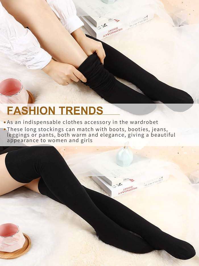 SATINIOR 3 Pairs Thigh High Socks Cotton Over Knee Socks Knit Long Boot Stocking, Black, Medium - Image 5