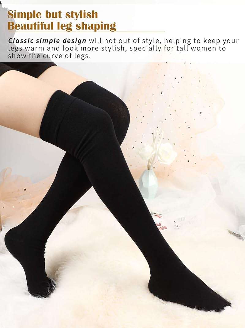 SATINIOR 3 Pairs Thigh High Socks Cotton Over Knee Socks Knit Long Boot Stocking, Black, Medium - Image 6