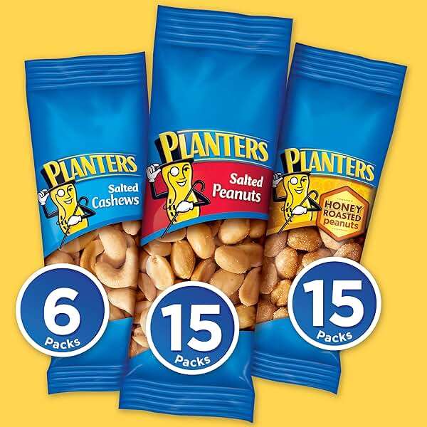 PLANTERS Variety Pack, Salted Cashews, Salted Peanuts & Honey Roasted Peanuts, On-the-Go Nut Snacks, Individually Packed Snacks, 8 -13g (12% - 13% DV) Plant-Based Protein (36 Count) - Image 4