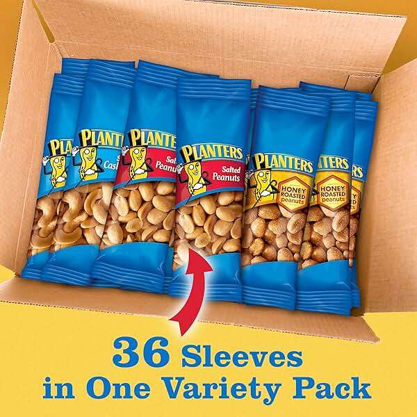 PLANTERS Variety Pack, Salted Cashews, Salted Peanuts & Honey Roasted Peanuts, On-the-Go Nut Snacks, Individually Packed Snacks, 8 -13g (12% - 13% DV) Plant-Based Protein (36 Count) - Image 7