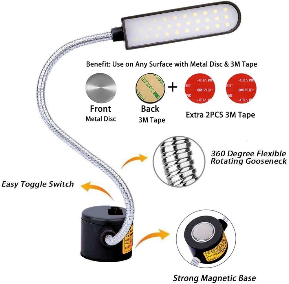 EVISWIY Sewing Machine Light LED Lighting (30LEDs) 6 Watt Multifunctional Flexible Gooseneck Arm Work Lamp with Magnetic Mounting Base for Workbench Lathe Drill Press 2 Pack - Image 2