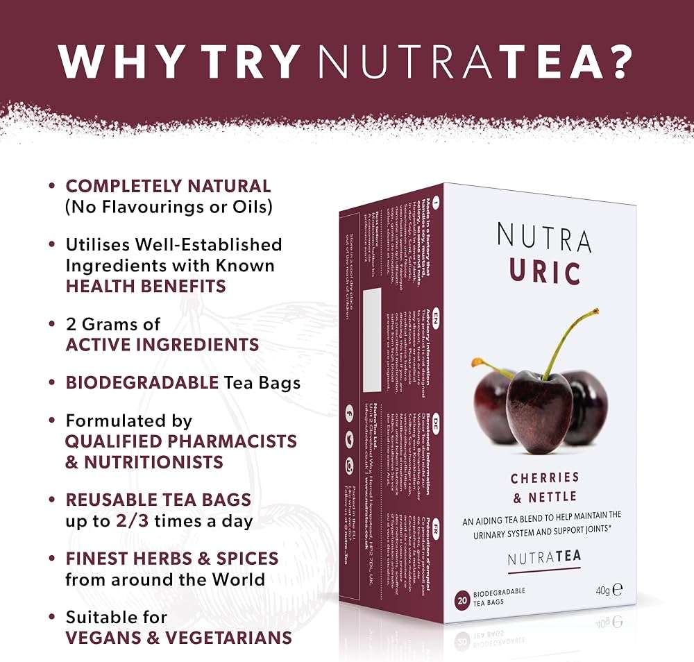 Nutra Tea NUTRAURIC - Uric Acid Cleanse and Kidney Support – Kidney Cleanse Tea – Includes Cherry, Nettle & Turmeric - 20 Enveloped Tea Bags - Herbal Tea - Image 3