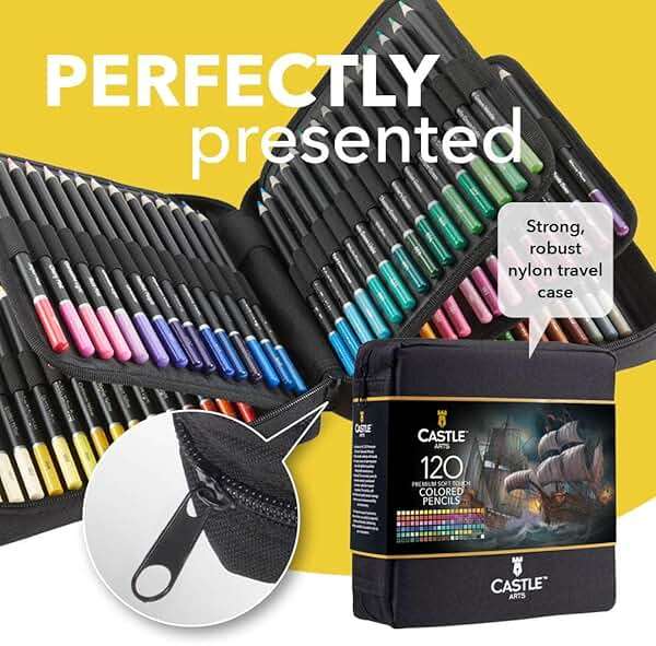 Castle Art Supplies 120 Coloring Pencils Zipper-Case Set | Premium Quality Soft Core Colored Leads for Adult Artists, Professionals and Colourists | In Neat, Strong Carry-Anywhere Zipper Pouch - Image 2