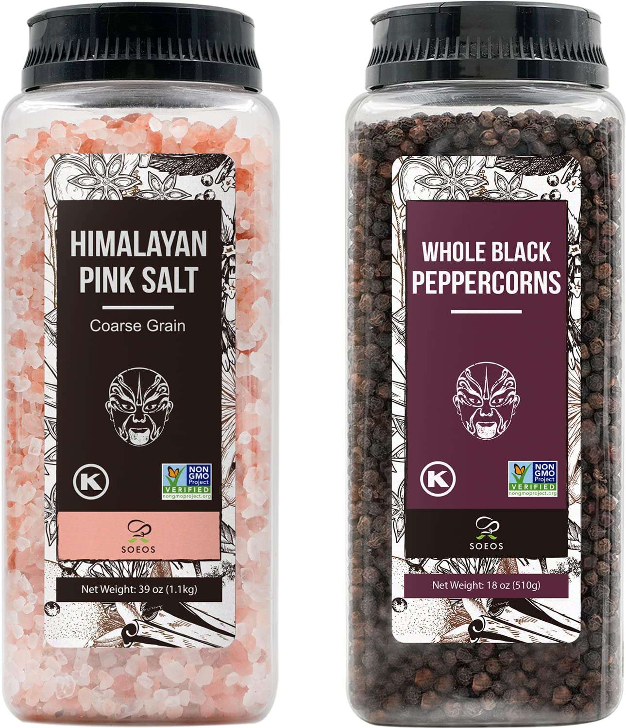 Soeos Himalayan Pink Salt 39 oz + Whole Black Peppercorns 18 oz, Coarse Grain, Kosher Salt for Grinder Refill, Salt and Pepper Grinder, Non-GMO Verified, Spice Seasoning Set for Cooking - Image 1