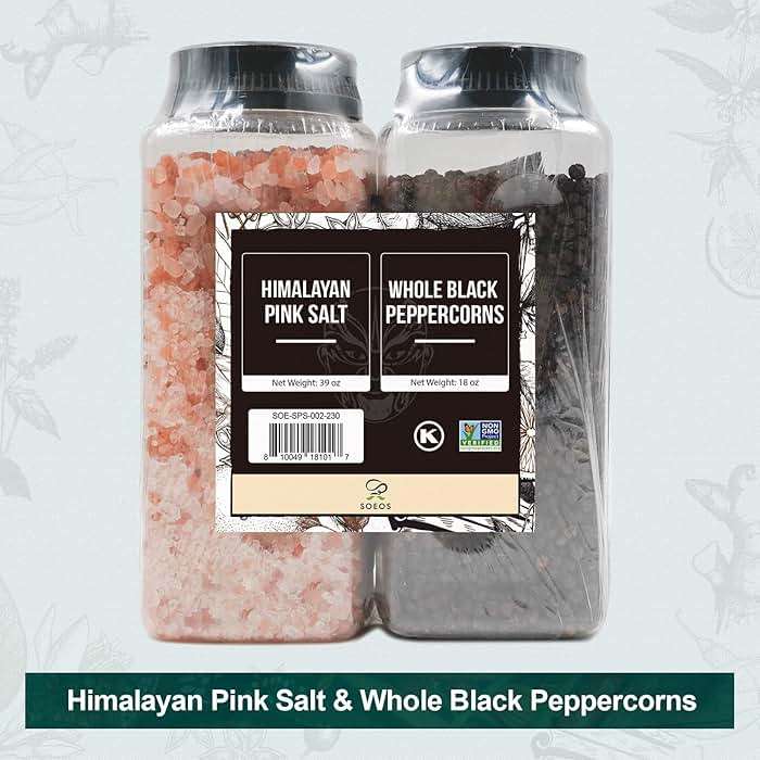 Soeos Himalayan Pink Salt 39 oz + Whole Black Peppercorns 18 oz, Coarse Grain, Kosher Salt for Grinder Refill, Salt and Pepper Grinder, Non-GMO Verified, Spice Seasoning Set for Cooking - Image 8