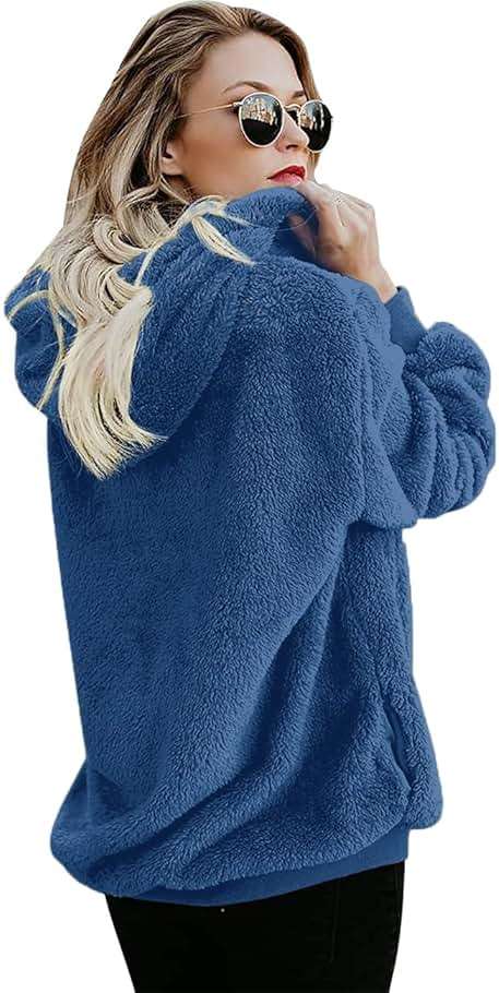 Women Casual Double Fuzzy Sweatshirt Faux Fleece Zip Pullover Hoodies Coat Outwear S-XXL - Image 3