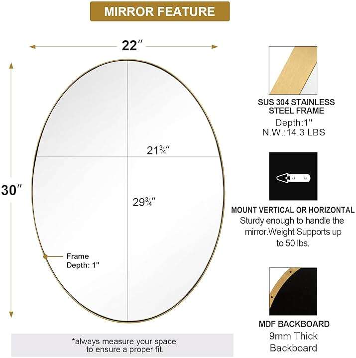 ANDY STAR Gold Oval Mirrors for Bathroom, 22x30 Inch Brushed Gold Stainless Steel Metal Framed Oval Wall Mirror, Modern Vanity Mirror Wall Mount Horizontal or Vertical - Image 2
