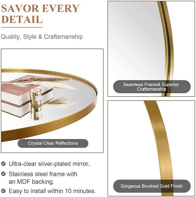ANDY STAR Gold Oval Mirrors for Bathroom, 22x30 Inch Brushed Gold Stainless Steel Metal Framed Oval Wall Mirror, Modern Vanity Mirror Wall Mount Horizontal or Vertical - Image 4