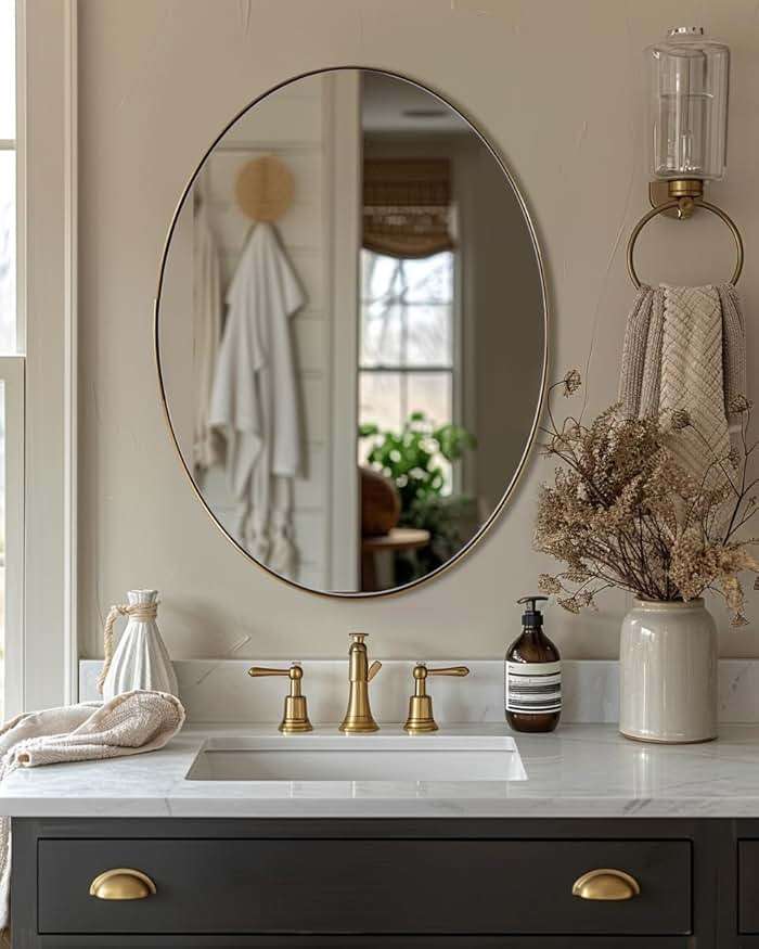 ANDY STAR Gold Oval Mirrors for Bathroom, 22x30 Inch Brushed Gold Stainless Steel Metal Framed Oval Wall Mirror, Modern Vanity Mirror Wall Mount Horizontal or Vertical - Image 8