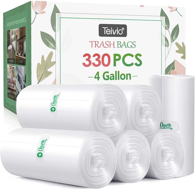4 Gallon 330 Counts Strong Trash Bags Garbage Bags by Teivio, Bathroom Trash Can Bin Liners, Small Plastic Bags for home office kitchen (Clear) - Image 1
