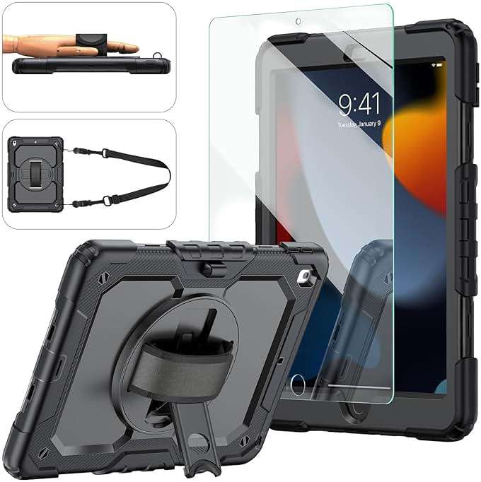 iPad 9th/8th/7th Generation Case, iPad 10.2 Case 2021/2020/2019, [Kid Proof] ambison Full Body Protective Case with 9H Tempered Glass Screen Protector, 360° Rotatable Kickstand & Hand Strap (Black) - Image 1