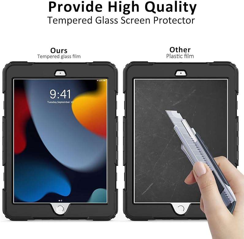 iPad 9th/8th/7th Generation Case, iPad 10.2 Case 2021/2020/2019, [Kid Proof] ambison Full Body Protective Case with 9H Tempered Glass Screen Protector, 360° Rotatable Kickstand & Hand Strap (Black) - Image 3
