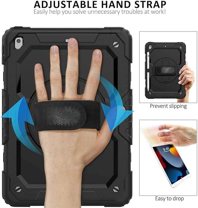 iPad 9th/8th/7th Generation Case, iPad 10.2 Case 2021/2020/2019, [Kid Proof] ambison Full Body Protective Case with 9H Tempered Glass Screen Protector, 360° Rotatable Kickstand & Hand Strap (Black) - Image 5