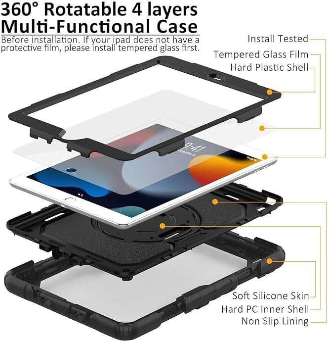 iPad 9th/8th/7th Generation Case, iPad 10.2 Case 2021/2020/2019, [Kid Proof] ambison Full Body Protective Case with 9H Tempered Glass Screen Protector, 360° Rotatable Kickstand & Hand Strap (Black) - Image 6