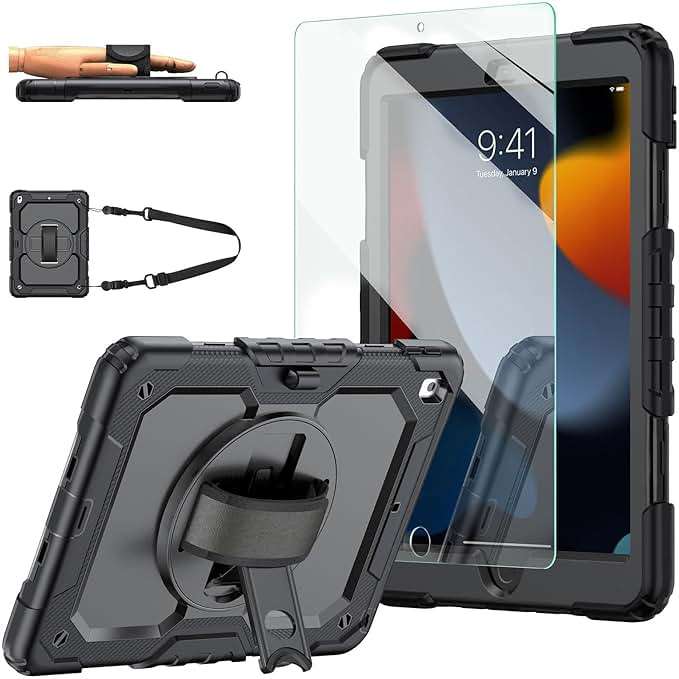 iPad 9th/8th/7th Generation Case, iPad 10.2 Case 2021/2020/2019, [Kid Proof] ambison Full Body Protective Case with 9H Tempered Glass Screen Protector, 360° Rotatable Kickstand & Hand Strap (Black) - Image 8