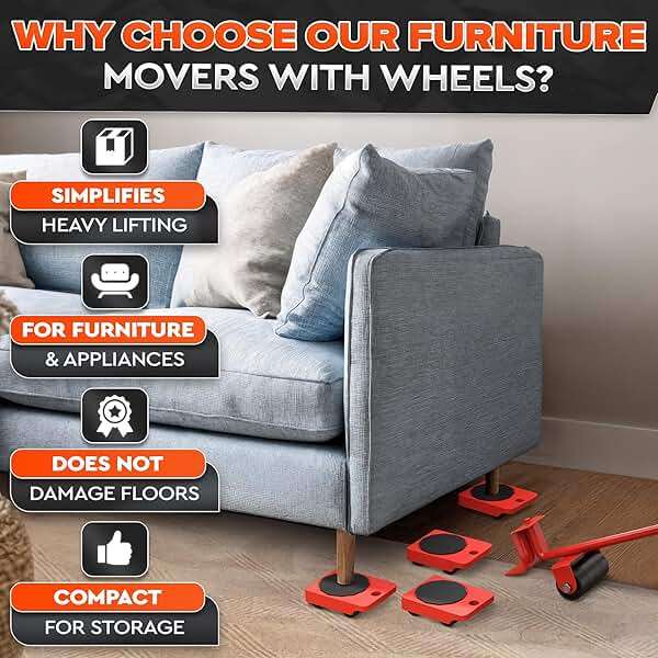Furniture Movers with Wheels – Up to 220 Lbs Furniture Mover Tool Set with 11.9" Lever and 4 Sliders – Compact Appliance Lifter for Sofas, Beds, Dressers, Cabinets, Room Rearranging – Not for Carpet - Image 6