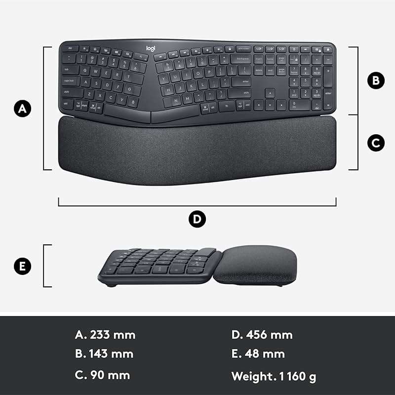 Logitech Ergo K860 Wireless Ergonomic Keyboard - Split Keyboard, Wrist Rest, Natural Typing, Stain-Resistant Fabric, Bluetooth and USB Connectivity, Compatible with Windows/Mac, Black - Image 13