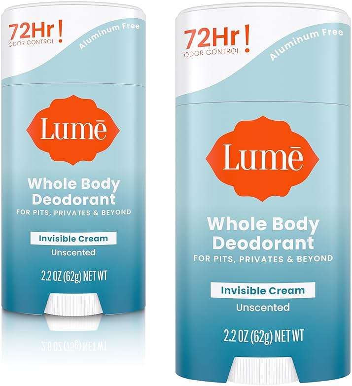 Lume Whole Body Deodorant - Invisible Cream Stick - 72 Hour Odor Control - Aluminum Free, Baking Soda Free, Skin Safe - 2.2 Ounce (Pack of 2) (Unscented) - Image 1