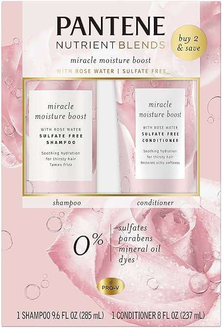 Pantene Nutrient Blends Miracle Moisture Boost Rose Water Shampoo & Conditioner Dual Pack for Dry Hair, Sulfate Free - Image 1