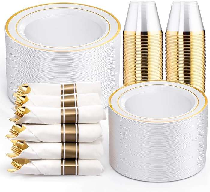 WELLIFE 350-Piece Gold Disposable Plates and Cutlery Set - Premium 10.25" Dinner Plates, 7.5" Dessert Plates, 9oz Cups & Cutlery for Weddings, Catering Events - 50 Guest Service - Elegant & Sturdy - Image 1
