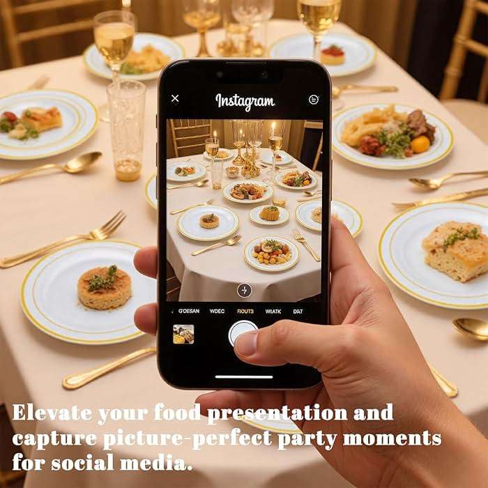 WELLIFE 350-Piece Gold Disposable Plates and Cutlery Set - Premium 10.25" Dinner Plates, 7.5" Dessert Plates, 9oz Cups & Cutlery for Weddings, Catering Events - 50 Guest Service - Elegant & Sturdy - Image 2