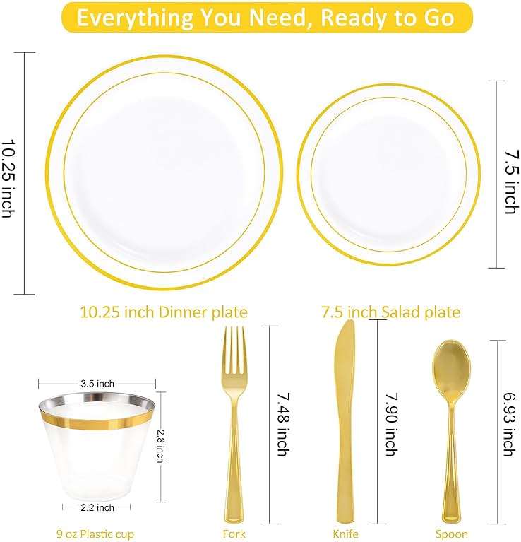 WELLIFE 350-Piece Gold Disposable Plates and Cutlery Set - Premium 10.25" Dinner Plates, 7.5" Dessert Plates, 9oz Cups & Cutlery for Weddings, Catering Events - 50 Guest Service - Elegant & Sturdy - Image 3