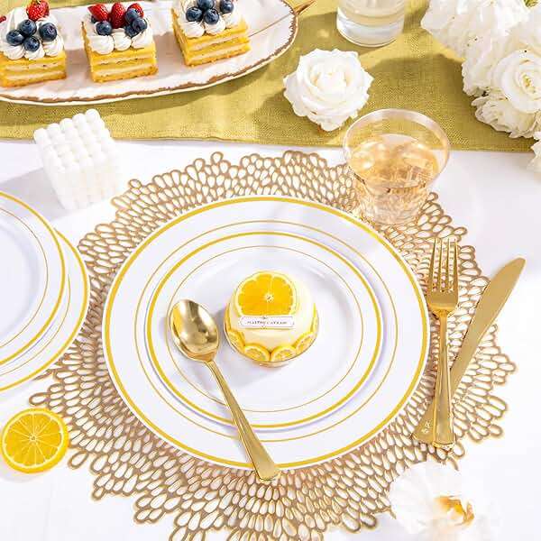 WELLIFE 350-Piece Gold Disposable Plates and Cutlery Set - Premium 10.25" Dinner Plates, 7.5" Dessert Plates, 9oz Cups & Cutlery for Weddings, Catering Events - 50 Guest Service - Elegant & Sturdy - Image 5
