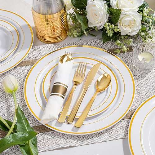 WELLIFE 350-Piece Gold Disposable Plates and Cutlery Set - Premium 10.25" Dinner Plates, 7.5" Dessert Plates, 9oz Cups & Cutlery for Weddings, Catering Events - 50 Guest Service - Elegant & Sturdy - Image 6