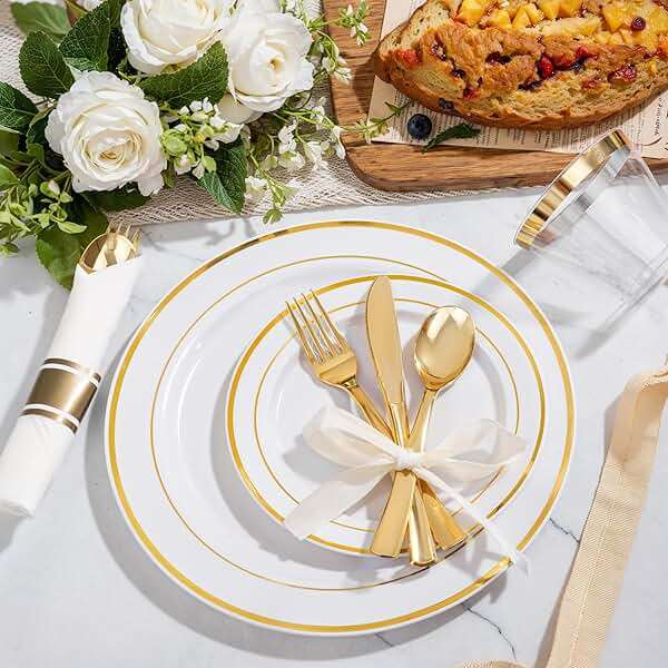 WELLIFE 350-Piece Gold Disposable Plates and Cutlery Set - Premium 10.25" Dinner Plates, 7.5" Dessert Plates, 9oz Cups & Cutlery for Weddings, Catering Events - 50 Guest Service - Elegant & Sturdy - Image 7
