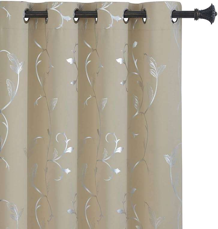 BUHUA Wave Floral Vine Print Blackout Curtains for Living Room Darkening Curtains Print Pattern Light Blocking Curtains for Bedroom 52W×84L Beige 2 Panels - Image 1