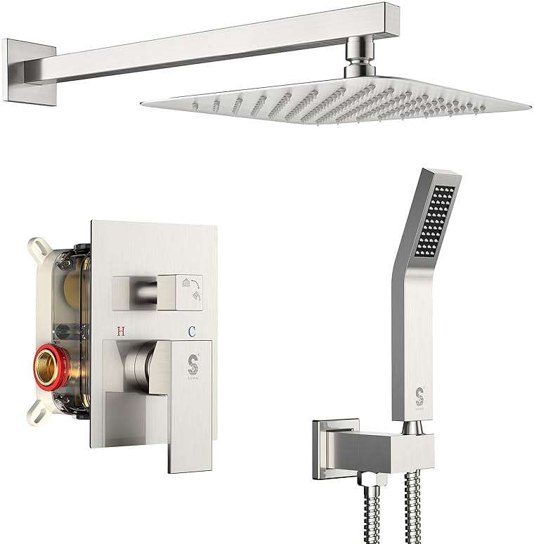 SR SUN RISE Shower Faucet Set Bathroom Square Rain Shower Head with Handheld Spray Wall Mounted Rainfall Shower Fixtures Brushed Nickel Shower Faucet Trim Repair Kits (Contain Shower Valve)10 Inches - Image 1