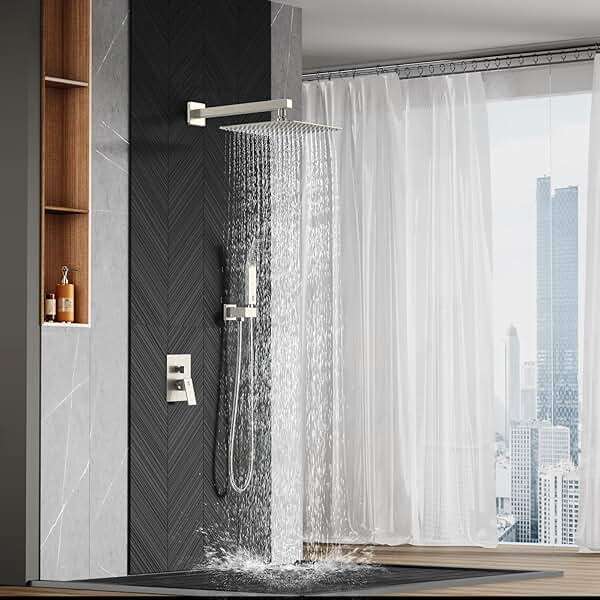 SR SUN RISE Shower Faucet Set Bathroom Square Rain Shower Head with Handheld Spray Wall Mounted Rainfall Shower Fixtures Brushed Nickel Shower Faucet Trim Repair Kits (Contain Shower Valve)10 Inches - Image 2