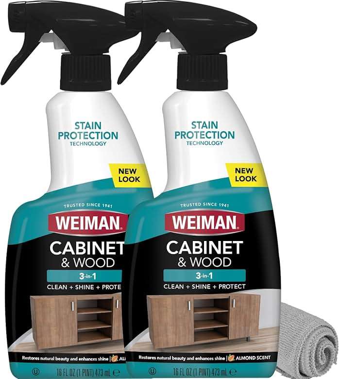 Weiman Cabinet and Wood Cleaner, Shine, Clean and Protect Spray - For Wood Cabinets, Furniture, Tables, Baseboards, Trim and more, 16 oz, 2 PACK with MicroFiber Towel - Image 1