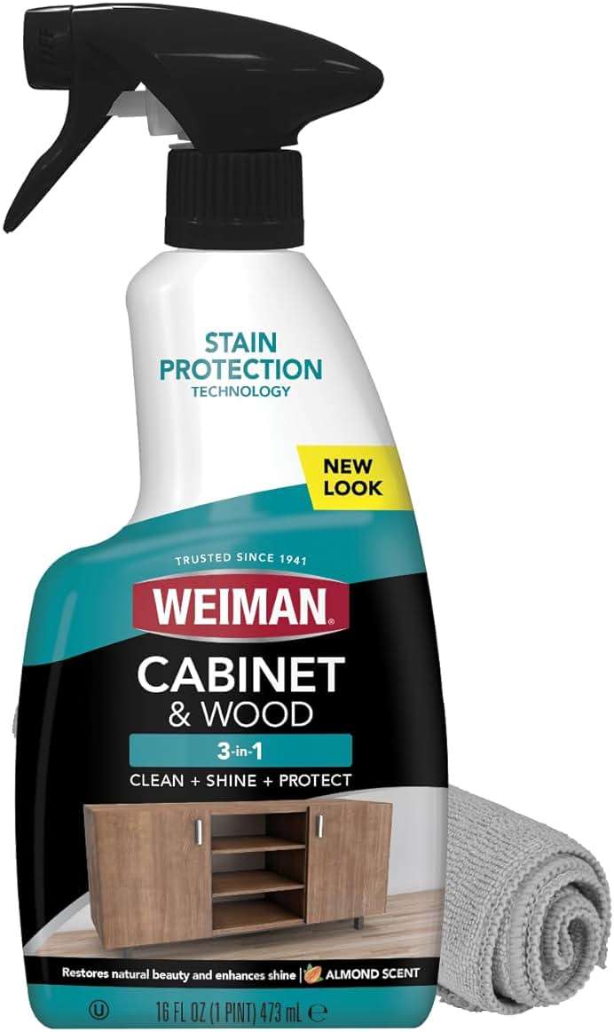 Weiman Cabinet & Wood Clean & Shine Spray - Furniture, Kitchen Cabinets, Baseboard & Trim, Fresh Almond Scent, Microfiber Cloth Included - Image 1