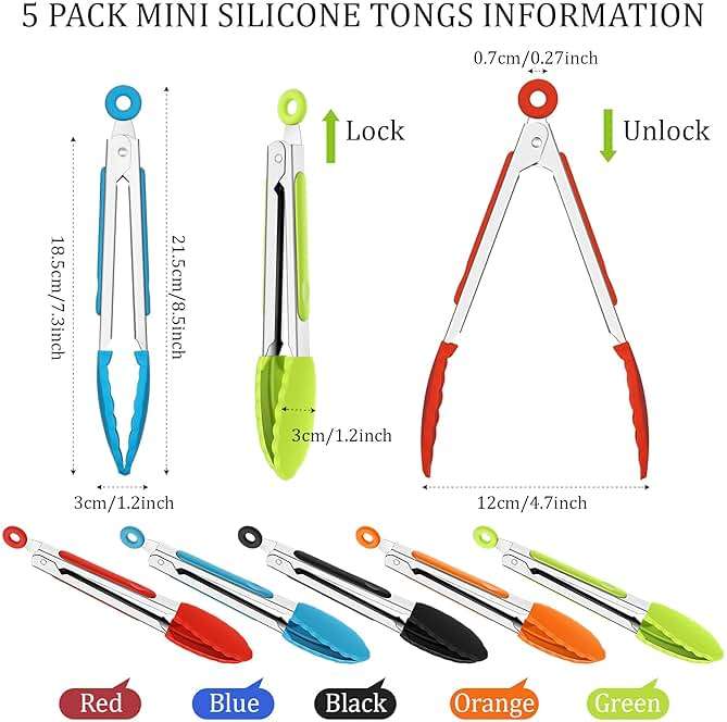 Mudder 5 Pack Mini Kitchen Tongs 7 Inch Silicone Tongs for Cooking Serving BBQ, Small Stainless Steel Food Tong with Silicone Tips for Salad, Bread, Buffet, Party & Kitchen Use(Multi) - Image 3