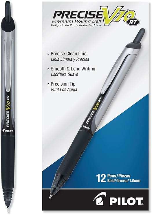 Pilot Precise V10 RT Refillable & Retractable Rolling Ball Pens, Bold Point, Black Ink, 1.0mm, 12-Pack - Image 4