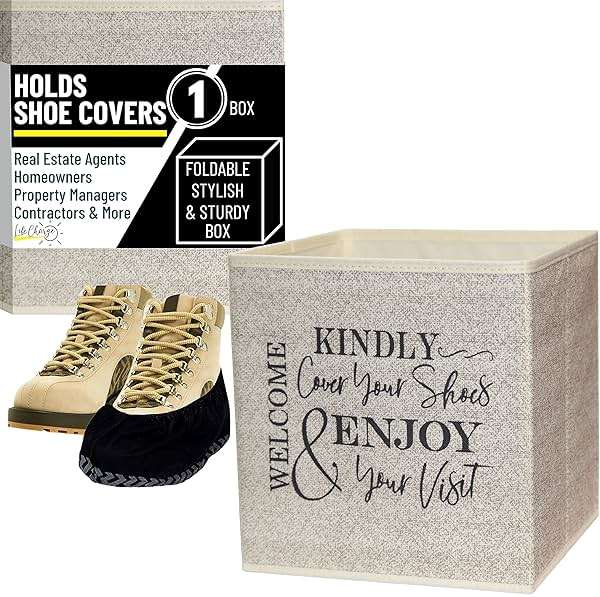 Shoe Cover Box - Welcome Guests to Please Cover Shoes. Indoor Foldable Storage Bin to Fill w/your Favorite Booties. For Homeowner, Real Estate Agent, Realtor Open House Supplies | 1 Beige & Black - Image 3