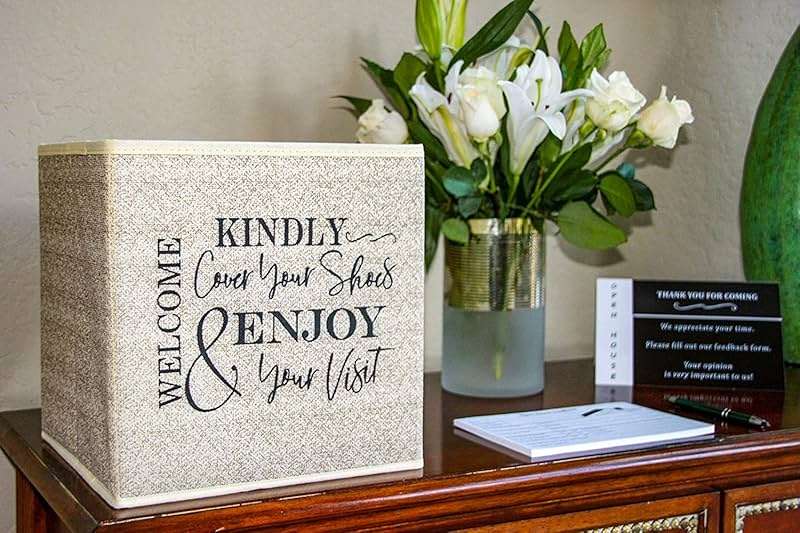 Shoe Cover Box - Welcome Guests to Please Cover Shoes. Indoor Foldable Storage Bin to Fill w/your Favorite Booties. For Homeowner, Real Estate Agent, Realtor Open House Supplies | 1 Beige & Black - Image 4