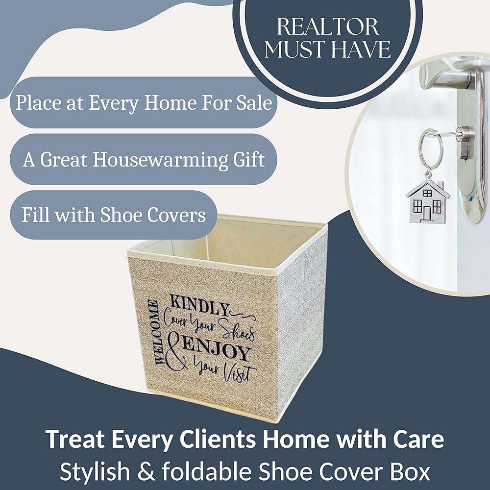 Shoe Cover Box - Welcome Guests to Please Cover Shoes. Indoor Foldable Storage Bin to Fill w/your Favorite Booties. For Homeowner, Real Estate Agent, Realtor Open House Supplies | 1 Beige & Black - Image 6